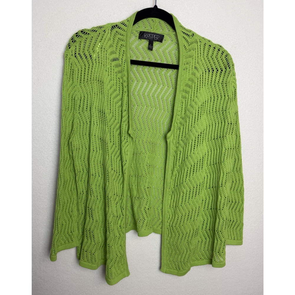 Kasper Women's Open Front Green Knit Cardigan Size Large Lightweight Sweater